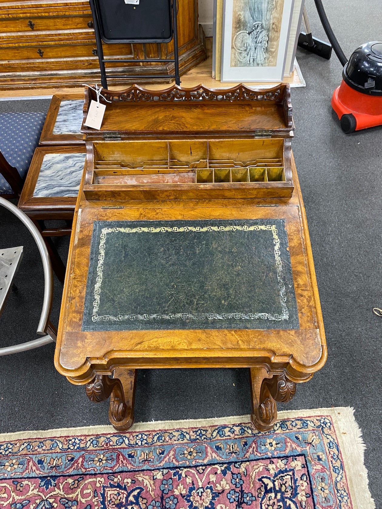 A Victorian figured walnut Davenport, with birdseye maple lined interior, height 89cm, width 56cm, depth 56cm